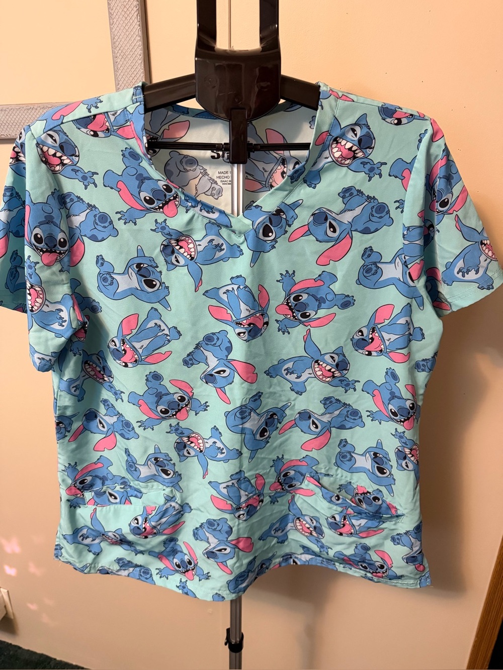 Disney Lilo & Stitch V-Neck Medical Scrub Top Size L Turquoise All Over Print